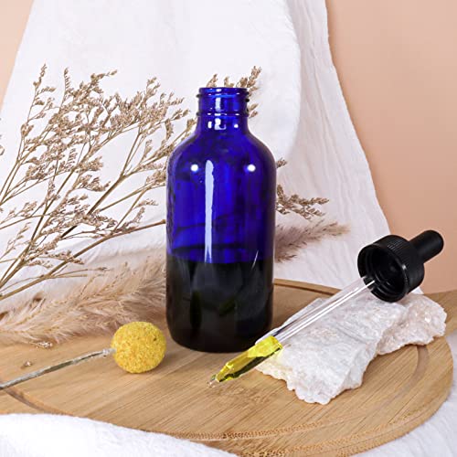 24 Pack 4oz Cobalt Blue Glass Bottles with Glass Eye Droppers for Essential Oils, Perfumes & Lab Chemicals (2 Brushes, 2 Funnels, 2 Extra Droppers, 36 Pieces Labels & Measuring Cup Included) - color: Cobalt Blue