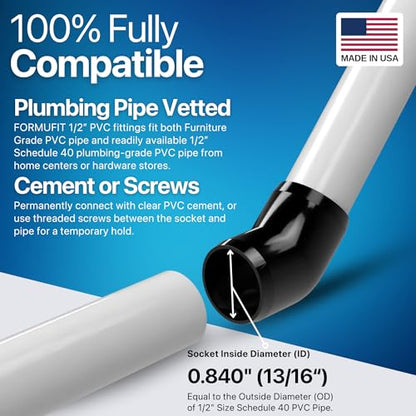 1/2" 45 Degree Furniture Grade PVC Fitting in Black, Made in USA, UV-Resistant, Impact-Proof, 0.840” Actual Socket Diameter (Pack of 10) - F01245E-BK-10 - color: Black