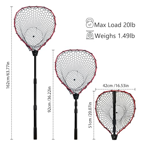 Telescoping Metal Lock Fishing Net with Handle Red Green 64" 52" Rubber Fish Net - Adjustable Length Lightweight Foldable Large Big Collapsible Extendable Fishing Net - color: Red with black handle(3-section pole)