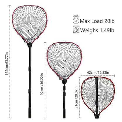 Telescoping Metal Lock Fishing Net with Handle Red Green 64" 52" Rubber Fish Net - Adjustable Length Lightweight Foldable Large Big Collapsible Extendable Fishing Net - color: Red with black handle(3-section pole)