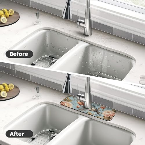 Faucet Draining Mat For Kitchen Sink, Blue Birds Peonies Flowers Diatom Mud Absorbent Drain Pad For Bathroom Kitchen Sink Splash Guard Drying Mat - color: Blue Birds Peonies Flowers