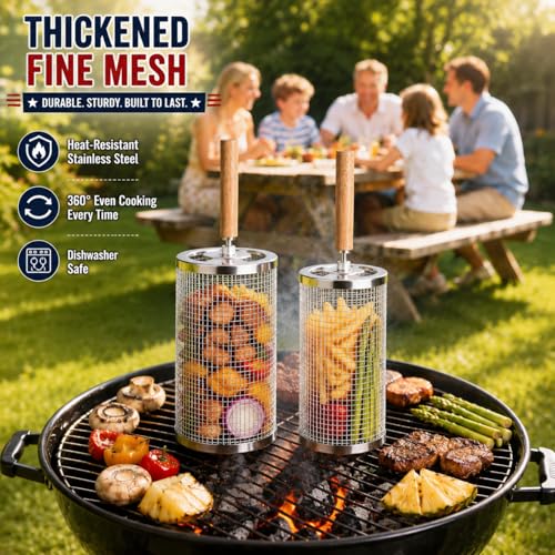 Rolling Grill Basket 2-Pack 304 Stainless Steel Grill Basket with Removable Wooden Handle, BBQ Grilling Net for Vegetables Shrimp veggie, Portable Camping Grill Accessories, Best Gifts for Dad/Husband/Men