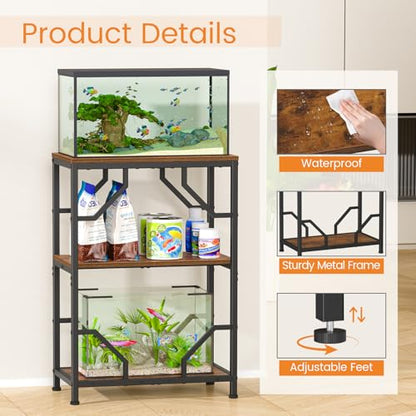 Snughome 10 Gallon Aquarium Stand, Fish Tank Stand with 3 Tier Storage, Heavy Duty Metal Terrarium Stand for Home Office, 21.26" x 11.81" x 30.51", Rustic Brown