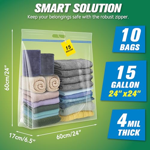 HIBAG 15 Gallon Large Storage Bags, 24” x 24” Resealable Clear Bags with Handle, Extra Large XL Heavy Duty for Clothes Pillow Travel Moving, Pack of 10 - size: 15 gal - 10 pack