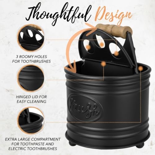 Autumn Alley Adorable Farmhouse Toothbrush Holder for Bathroom, Black Rustic Bathroom Accessories, Galvanized Country Decor, Fun black toothbrush holder with Rustic Design & Electric Toothbrush Holder