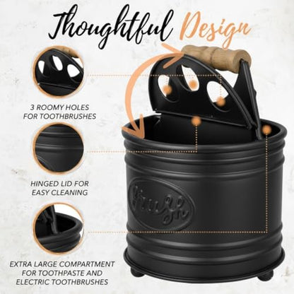 Autumn Alley Adorable Farmhouse Toothbrush Holder for Bathroom, Black Rustic Bathroom Accessories, Galvanized Country Decor, Fun black toothbrush holder with Rustic Design & Electric Toothbrush Holder