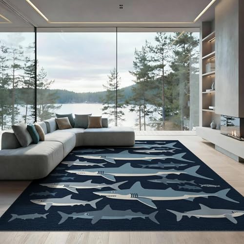 9'x12' Washable Graphic Fish Oversized Rug, Blue Non-Shedding Pet Friendly Carpet for Master Suite, California King, Under Bed, Foldable Easy Care Mat | Ref:2070230