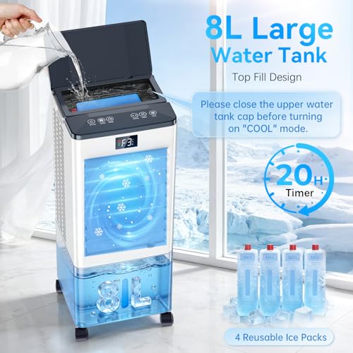 Portable Air Conditioners,3-in-1 Evaporative Cooling Fans that Blow Cold Air, 4 Modes 3 Speeds, 120°Oscillation, LED Display, 12H Timer, Windowless Portable AC w/ 8L Tank & Remote for Home Bedroom