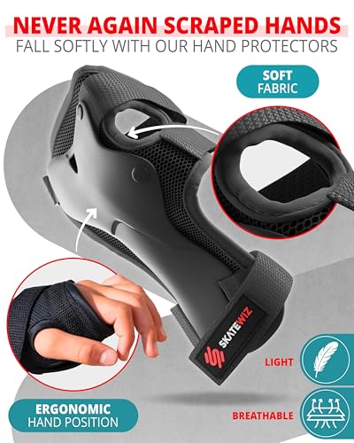 SKATEWIZ Skateboard Pads Protective Gear Set for Kids and Adults - Smash - Roller Skate Pads [6pc] with Wrist Guards - Skating Protective Gear - Roller Derby - color: Black, size: M/L - Kids/Teens