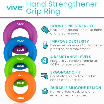 Vive Hand Strengthener Grip Ring - Forearm Ring Hand Exercisers - Silicone | Squeezer Gripper for Muscle Strengthening Training Tool - Arthritis Finger Physical Therapy PT Kit Trainer - color: Multicolor (4 Pack)
