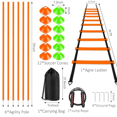 20Ft Agility Ladder Training Equipment for Soccer 12 Cones, Solo Soccer Trainer, Jump Rope Speed Football Gifts for boy - color: Orange