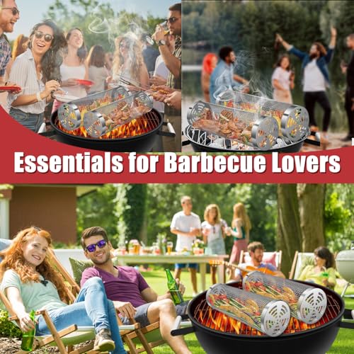 Grill Basket 2 PCS, Rolling Grill Baskets for Outdoor Grill, Grilling Accessories, Stainless Steel BBQ Net Tube Baskets with Oil Sprayer for Veggies, Shrimp, Grilling Gifts for Men