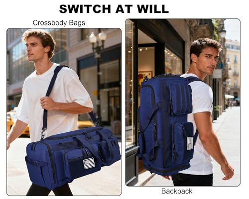 LHI 50L Tactical Duffle Bag for Men, 3-in-1 Gym Duffle and Backpack, Shoe Compartment, Laptop Sleeve and MOLLE, Carry-On Travel Weekender and Overnight Bag – Blue - color: Blue