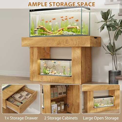 55–75 Gallon Aquarium Stand, Heavy-Duty 55 Inch Fish Tank Stand with Power Outlets, Drawer & Storage Cabinets, Farmhouse Entryway Tank Stand for Fish/Turtle/Reptile Terrarium