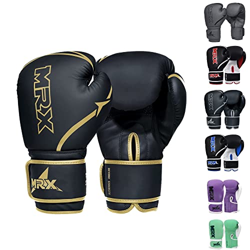 MRX Boxing Gloves Fighting Training Combat Train Workout Sparring Grappling Durable Light Weight Adult Punch Bag Glove Muay Thai Punching Mitts Kickboxing MMA Gloves Men and Women - color: Black Gold, size: 10 OZ