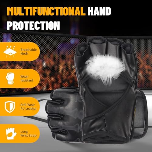 MMA Gloves, Half-Finger Boxing Fight Gloves MMA Mitts with Adjustable Wrist Band UFC Gloves for Sanda Sparring Punching Bag Training (One Size Fits Most) - color: Ghost hand black