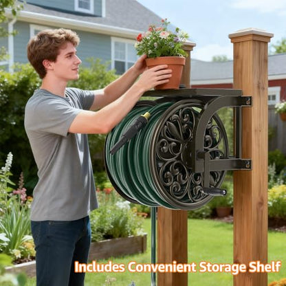 Garden Wall Mount Hose Reel, Decorative Hose Reel, Garden Heavy-Duty Water Hose Holder Winder, Holds 200-Feet of 5/8-Inch Hose