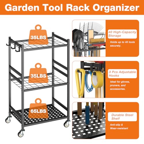 Garden Tool Organizer with Wheels, Heavy-Duty Yard Tool Rack with 3 Side Hooks, Holds Up to 40 Long-Handled Tools, Metal Garage Tool Storage for Lawn & Outdoor Organization