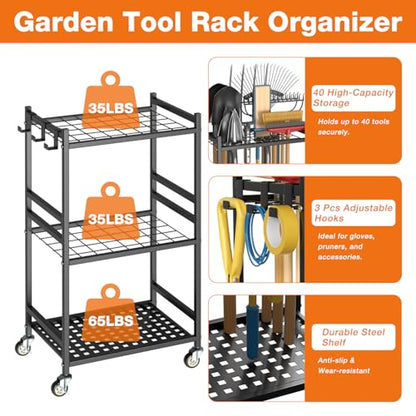 Garden Tool Organizer with Wheels, Heavy-Duty Yard Tool Rack with 3 Side Hooks, Holds Up to 40 Long-Handled Tools, Metal Garage Tool Storage for Lawn & Outdoor Organization