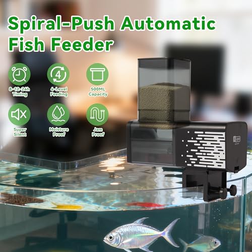 Fish Feeder Automatic Dispenser for Indoor Aquarium, Screw Push Design, 17oz Large Capacity