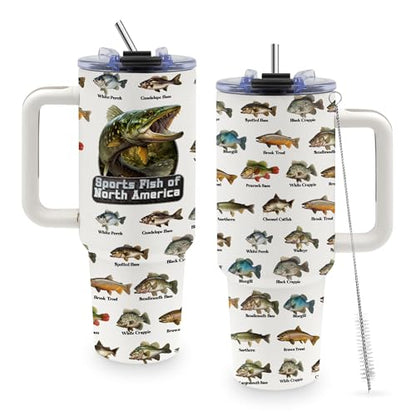 Fishing Coffee Mug, Fish Gifts for Dad, 40oz Tumbler, Fishing Gifts for Men with Handle and Straw, Christmas, Thanksgiving, Birthday Gifts for Fisherman, Party Supplies, Stainless Steel Cup
