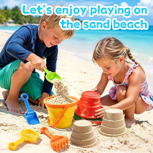 Collapsible Beach Toys for Kids, 2 Packs Foldable Silicone Sand Buckets Set with 4 Packs Sand shovels and Mesh Bag, Travel Beach Essentials for Sandbox, Pool, Camping,Fishing, Summer Party Favors