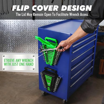 2-Piece Magnetic Wrench Organizer, Metric & SAE Portable Plastic Wrench Holder, 24-Slot Total, Foldable Carrying Handle for Wall-Mounted, Easy-Open Lock Cover, Wrenches Storage Rack Tool for Tool Box - style: 24-Slot with Cover
