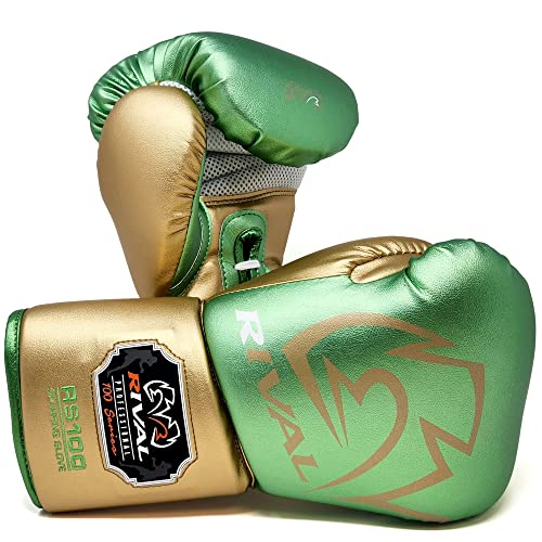 RIVAL Boxing RS100 Professional Lace-Up Sparring Gloves, Handcrafted with Super-Rich Microfiber PU, Ergonomically Designed to Perfectly Fit Your Hand - color: Green/Gold, size: 18 oz.