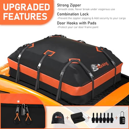 Asinking Car Roof Bag Rooftop top Cargo Carrier Bag 15 Cubic feet Waterproof for All Cars with/Without Rack, Includes Anti-Slip Mat, 10 Reinforced Straps, 6 Door Hooks, Luggage Lock - size: 15 Cubic Feet
