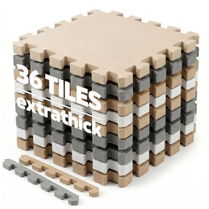 Puzzle Play Mat for Floor (White, Tan & Gray, 36 Tiles (71x71 in), Cross)
