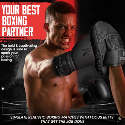 Kruzak Matte Black Boxing Gloves and Pads, Boxing Gloves Training Set for Kickboxing and Muay Thai MMA Training - Boxing Kit for Adults with Punching Pads for Martial Arts and Karate - size: 12 oz
