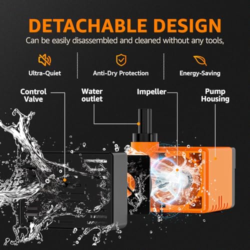 Submersible fountain pump, an ultra-quiet water pump 100GPH,120V 60HZ, features a detachable design, and is suitable for fish tanks, aquariums, hydroponic systems, and fountains.