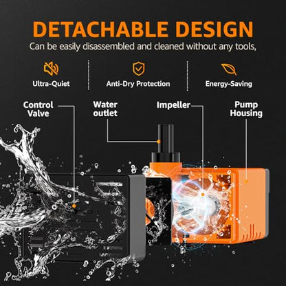 Submersible fountain pump, an ultra-quiet water pump 100GPH,120V 60HZ, features a detachable design, and is suitable for fish tanks, aquariums, hydroponic systems, and fountains.