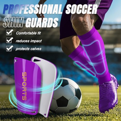 XZQTIVE Soccer Shin Guards with Shin Sleeves and Soccer Socks, Football Shin Pads Set for Kids Youth and Adult - color: purple, size: S(Kids,4-7 years)