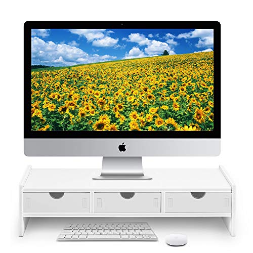 valen Monitor Stand Riser, Computer Laptop Riser Shelf with 3 Organizer Drawers (White, 19.5" L x 7.5" W x 4.7" H) (White)