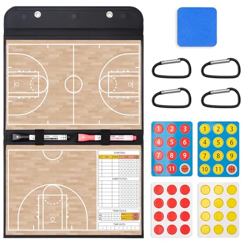 WISYOK Basketball Lineup Board, Magnetic, Foldable | 48 Cards, 2 Markers, Leather Covered, Portable Clipboard for Coaches, Game Strategy and Training - style: Basketball Leather
