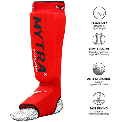 Mytra Fusion Shin Pads Instep Protector Kick Boxing Muay Thai Training Elasticated shin Guards - color: Red, size: Small-Medium
