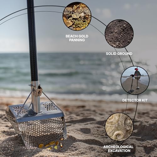 Sand Scoops for Beach Metal Detecting Stainless Steel Beach Metal Detecting Shovel Underwater Treasure Hunting, Metal Detector Accessories(Bag + Scoop + Carbon Fiber Handle), (11x8 + Handle) - size: 11 x 8 in + Handle