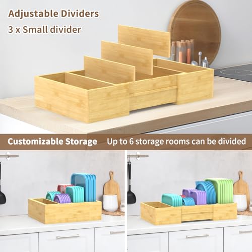 Lid Organizer for Cabinet, Bamboo Expandable Kitchen Organizer with 3 Adjustable Dividers for Plastic Lids, Large Food Storage Container Lid Holder for Drawer, Countertop, Pantry