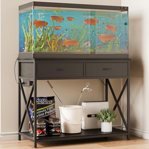 40-50 Gallon Fish Tank Stand，Aquarium Holder with Power Outlet and 2 Drawers，Heavy Duty Breeder Turtle Terrarium Stand Suitable for Turtle Tank, Reptile Terrarium, for Home Office (Black)