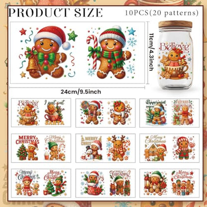20 Pcs Christmas UV DTF Cup Wraps, Gingerbread Rub on Transfer Stickers Waterproof PVC Rub On Decals for 16 OZ Glass Bottles Cups Laptop Phone Case Decor - style: Christmas Gingerbread