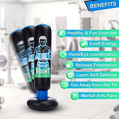 Inflatable Kids Punching Bag with Stand 63 inch with Stand Freestanding Punching Bag with Bounce Back Tall 63 inch Fitness Boxing Bag for Practice Kickboxing Taekwondo MMA Karate for Kids and Adults