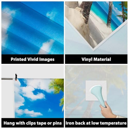 8x6ft Sea Beach Photography Background Seaside Palmtree Backdrop Vacation Trip Blue Sky Holiday Kid Baby Lovers Boy Girl Adult Artistic Portrait Photoshoot Studio Props Video Drape Wallpaper - size: 8x6ft