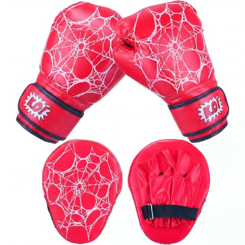 Boxing Gloves and Punching Mitts Set 4oz Gloves Boxing Pads Kids Youth Sparring Gear Training Equipment for Taekwondo Kick Karate Muay Thai MMA Martial Art - style: Red Spider