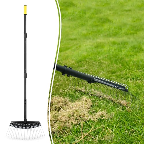 Thatch Rake, Dethatcher Rake with Thin, Curved Spring Steel Tines, Dethatching Thatching Rake for Lawns with 61’’ Steel Handle, Lawn Tine Rakes for Pine Needles, Dead Grass, Garden Debris