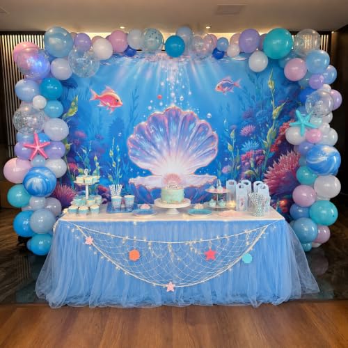 10x8ft DewPrint Underwater Backdrop for Under the Sea Party Decorations, Mermaid Ocean Scene with Giant Shell & Pearl, Coral Reef Fish Aquarium Background for Photography Kids Birthday Baby Shower - size: 10x8 FT