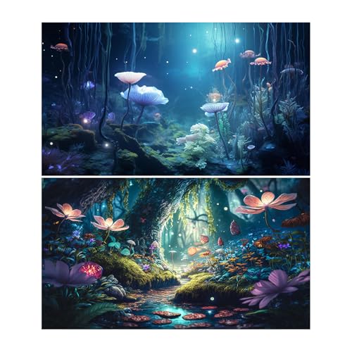 2 Packs Surreal Undersea Fantasy Garden Aquarium Background Colorful Glitter Floral Flowers Tranquil Lake Stream Fish Tank Background Blue Dreamy Jungle Rainforest Reptile Tank Backgrounds 36x18in - color: Foggy Blue, size: 36(W)x18(H)inches/ 90(W)*45cm(H