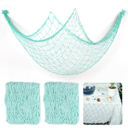 2 Pcs Fish Net Decorations, 39x78 Inch Cotton Nautical Themed Fishing Net, Wall Hanging Photo Display Fishnet for Coastal Bedroom Bathroom, Pirate Hawaiian Beach Under The Sea Party Decor, Sea Blue