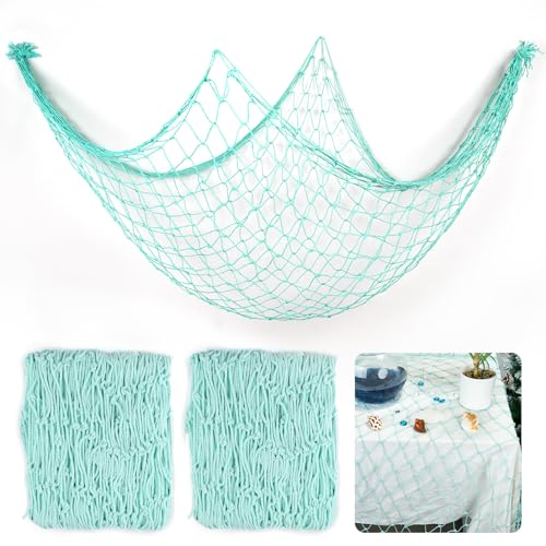 2 Pcs Fish Net Decorations, 39x78 Inch Cotton Nautical Themed Fishing Net, Wall Hanging Photo Display Fishnet for Coastal Bedroom Bathroom, Pirate Hawaiian Beach Under The Sea Party Decor, Sea Blue