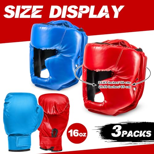 Kanayu 3 Pcs Boxing Headgears 3 Pair Gloves Set - color: Black, Blue, Red